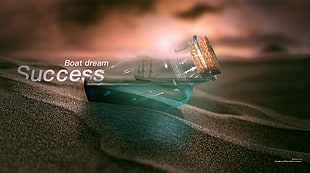 clear bottle with boat dream text overlay, Pneuma Breath of Life, dusk, hope, ship in a bottle