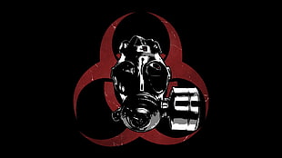 black and red skull print textile, gas masks, biohazard, minimalism HD wallpaper