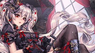 white haired female character with black umbrella