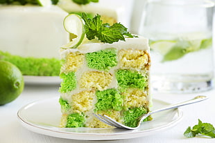 green and white frosted cake with mint topping, food, lime, cake, mint