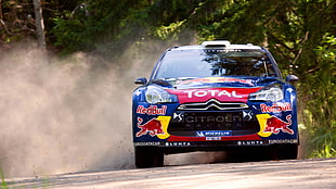 red and blue rally car, car, racing HD wallpaper