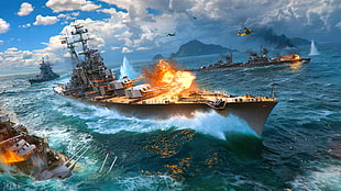 battleship on the body of water HD wallpaper