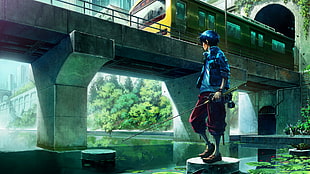 blue haired anime character, anime, fishing rod HD wallpaper