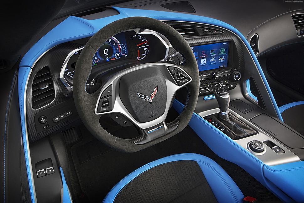 black and blue Chevrolet Corvette car steering wheel HD wallpaper