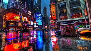 orange LED commercial signage, New York City, Time Square, rain, colorful