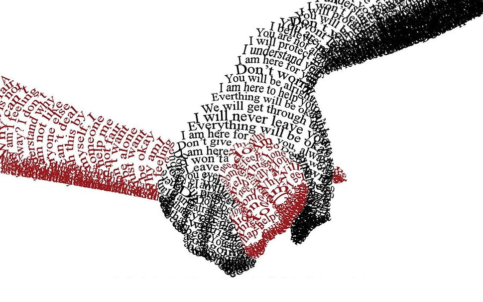 two red and black hands illustration, typography, holding hands, simple background, artwork HD wallpaper