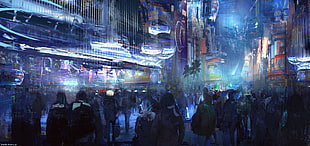 group of people walking in the city during nigh time, artwork, digital art, city, futuristic