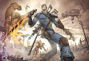man with sword and rifles illustration, Fallout 3, artwork, video games