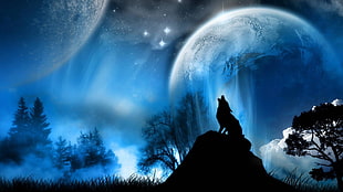 blue moon, wolf, fantasy art, animals, planet HD wallpaper