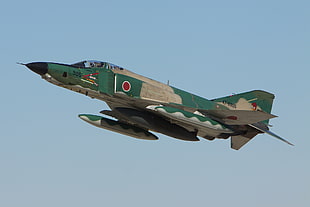 green and brown fighter plane on white sky