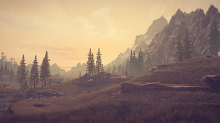 green trees near mountain range artwork, The Elder Scrolls V: Skyrim, video games, mountains