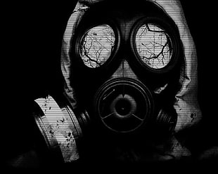 person wearing gas mask greyscale photo HD wallpaper