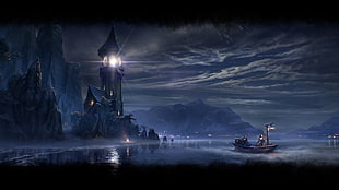 people riding boat towards castle wallpaper, The Elder Scrolls Online, mmorpg, fantasy art, artwork