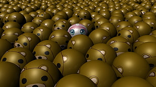 illustration of gold-colored animal print balls with female anime character