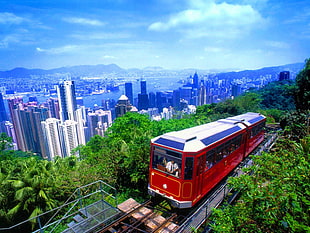 red electric city train, vehicle, cityscape, Hong Kong