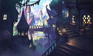 purple castle digital wallpaper, artwork, building, city, dark