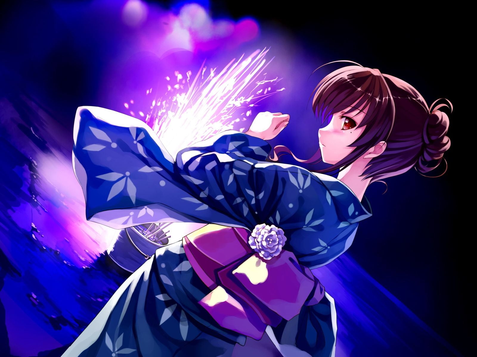 black haired woman wearing blue yukata anime character