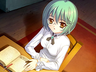 woman sitting in front of brown table anime character illustration