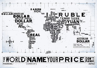 The World Name Your Price Don't Panic painting, world map, currency HD wallpaper