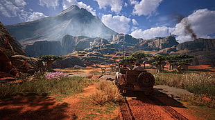 two men riding on vehicle toward mountain wallpaper, in-game, Uncharted 4: A Thief's End, mountains, wilderness