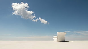 white leather sofa chair, minimalism, blue, horizon, clouds