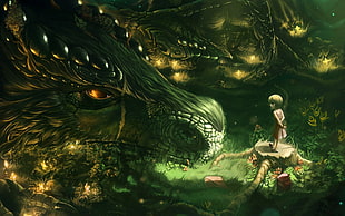 child and green dragon photo HD wallpaper