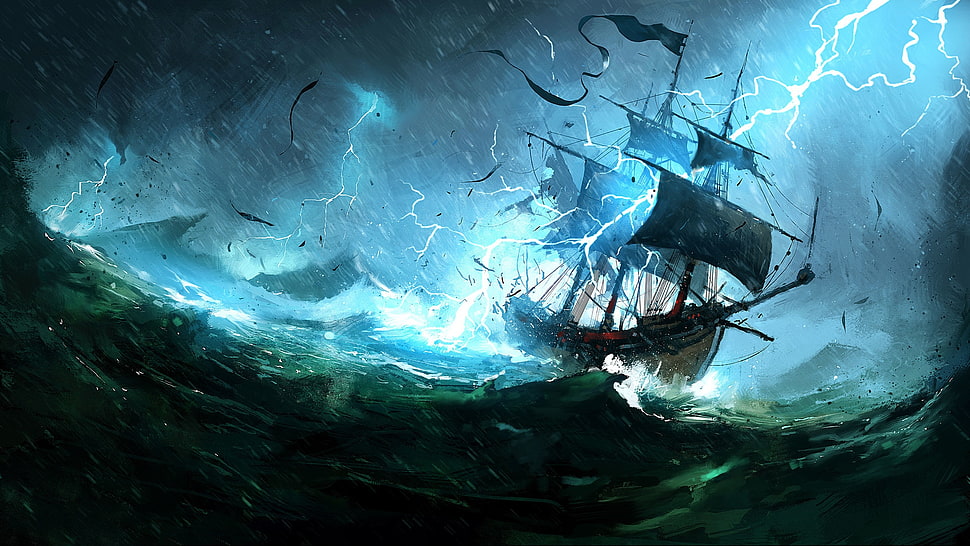 ship on sea during thunderstorm animated wallpaper, fantasy art, sea, ship, storm HD wallpaper