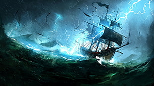 ship on sea during thunderstorm animated wallpaper, fantasy art, sea, ship, storm