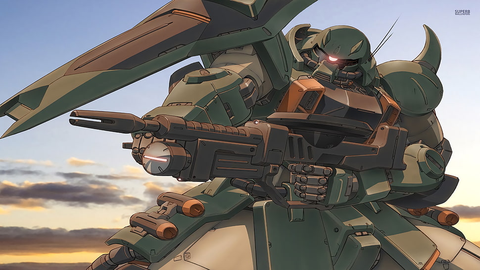 green armoured soldier cartoon illustration, Gundam, Mobile Suit, Zaku, Zaku II HD wallpaper