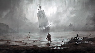 standing man and ship wallpaper, ship, pirates, fantasy art, sea HD wallpaper