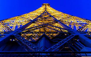 white and yellow tower, Eiffel Tower, architecture, lights, worm's eye view