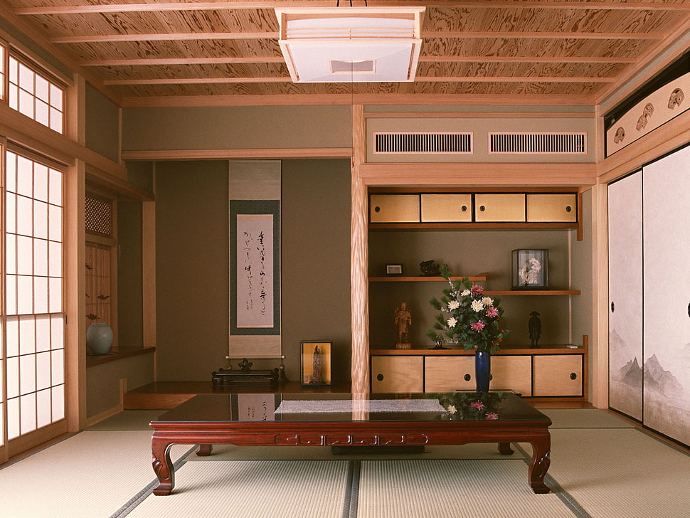 brown wooden cabinet with coffee table HD wallpaper