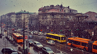yellow bus, Belgrade, snow, city, Serbia