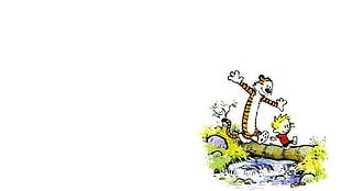 tiger and boy on tree illustration, comics, Calvin and Hobbes, white background