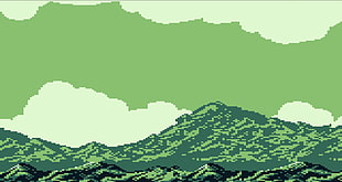 pixel mountain illustration, GameBoy, green, vintage, pixel art