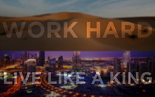 buildings with work hard text overlay, typography, digital art, artwork, motivational
