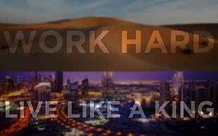 buildings with work hard text overlay, typography, digital art, artwork, motivational HD wallpaper