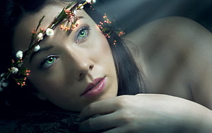 closeup photography of woman wearing hair vines HD wallpaper