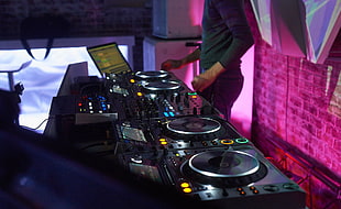 black terminal mixer, DJ, turntables, mixing consoles