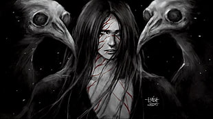 man wearing black V-neck shirt sketch, fantasy art, dark, demoness, spooky
