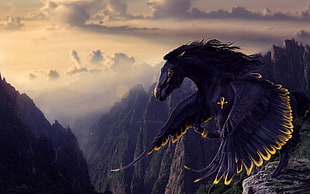 black Pegasus digital wallpaper, fantasy art, Pegasus