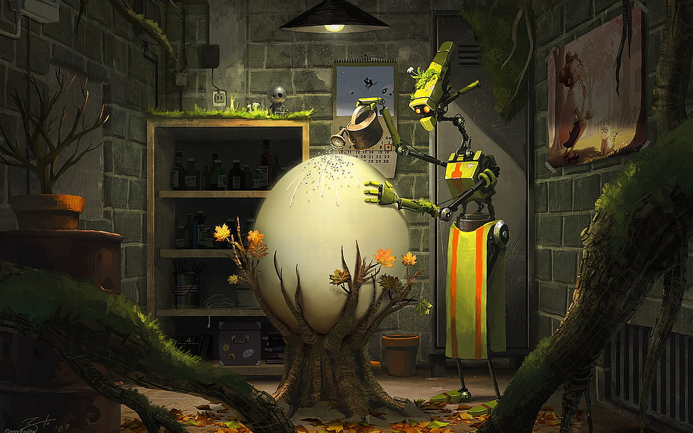 robot watering egg on brown tree illustration, fantasy art, robot, eggs, plants HD wallpaper