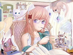 girl anime character with purple shirt holding brown mug illustration