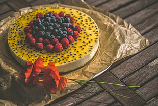 orange flower, Cake, Raspberry, Blueberries