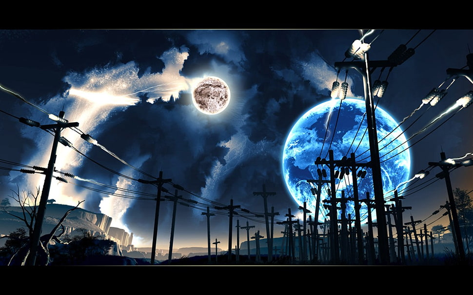 blue moon illustration, digital art, space HD wallpaper