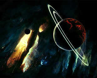 black and red planet illustration, digital art, space, planet, planetary rings