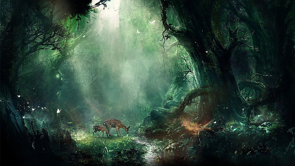 two brown deers, fantasy art, forest, deer, fawns HD wallpaper