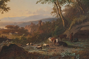 brown and white cow, painting, cow, sheep, trees