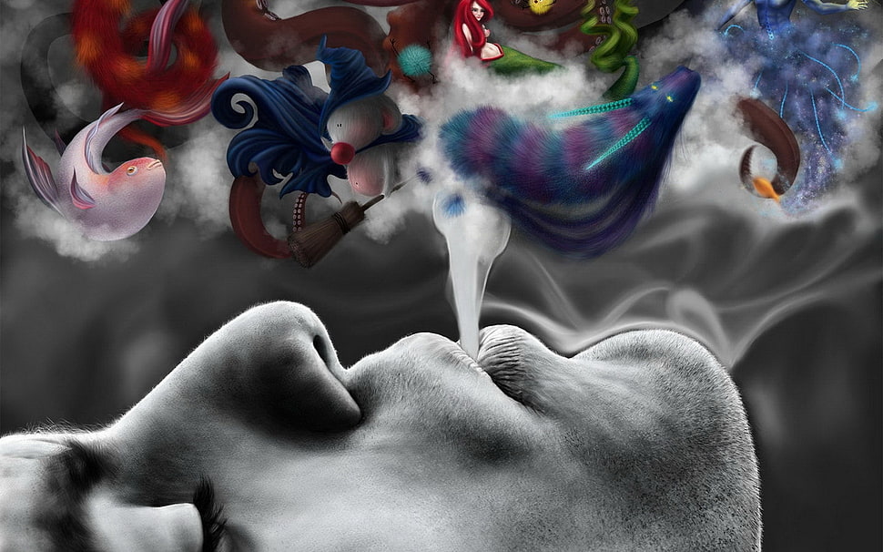 selective focus of man blowing smoke HD wallpaper