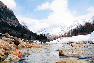 brown rocks, nature, water, snow, mountains